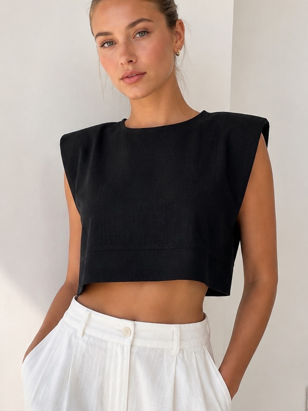EDIT BY NINE Linen Blend Padded Side Button Detail Clean Girl Crop Top Size S